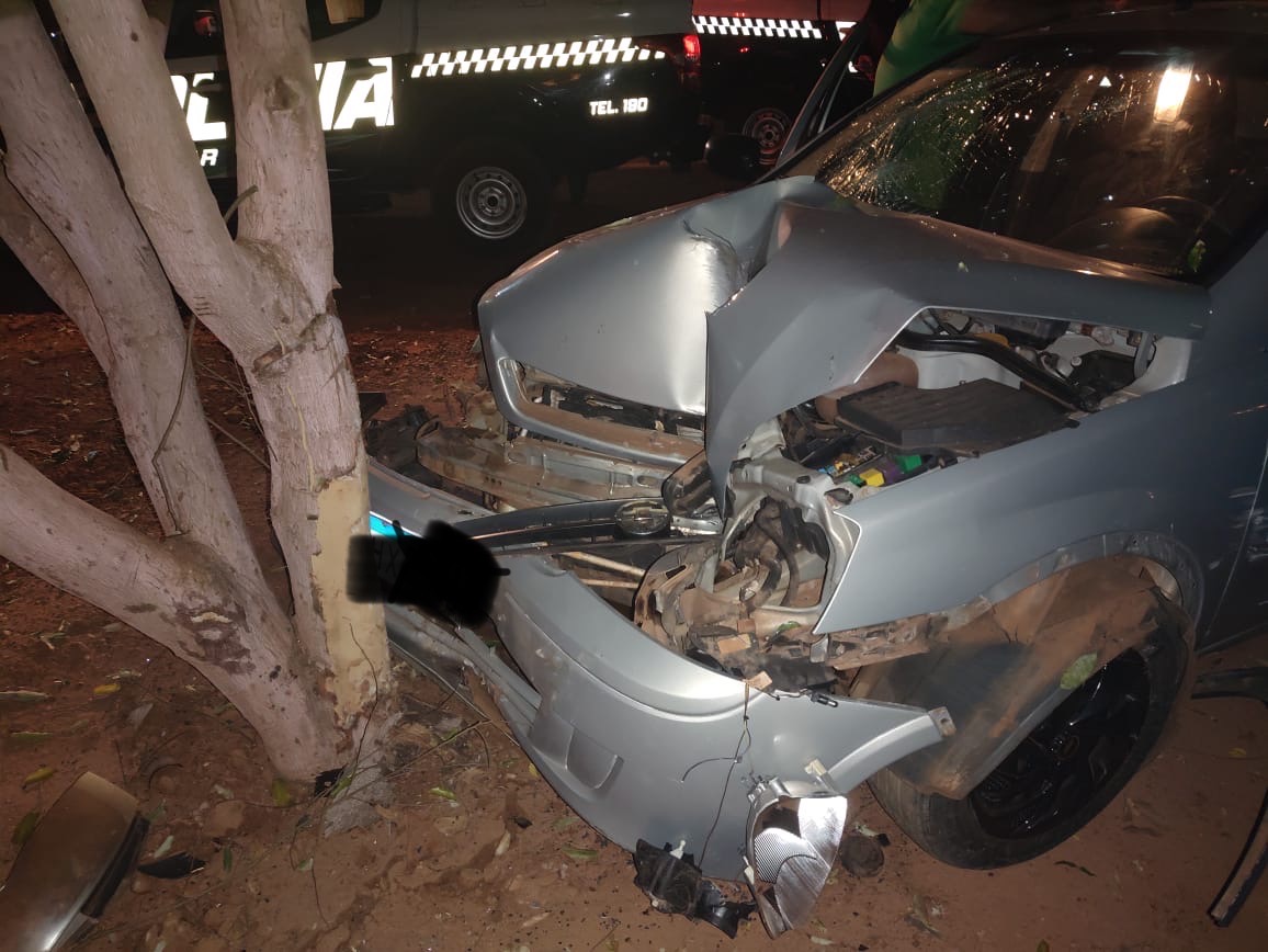 Veículo ficou destruído após a batida na árvore 